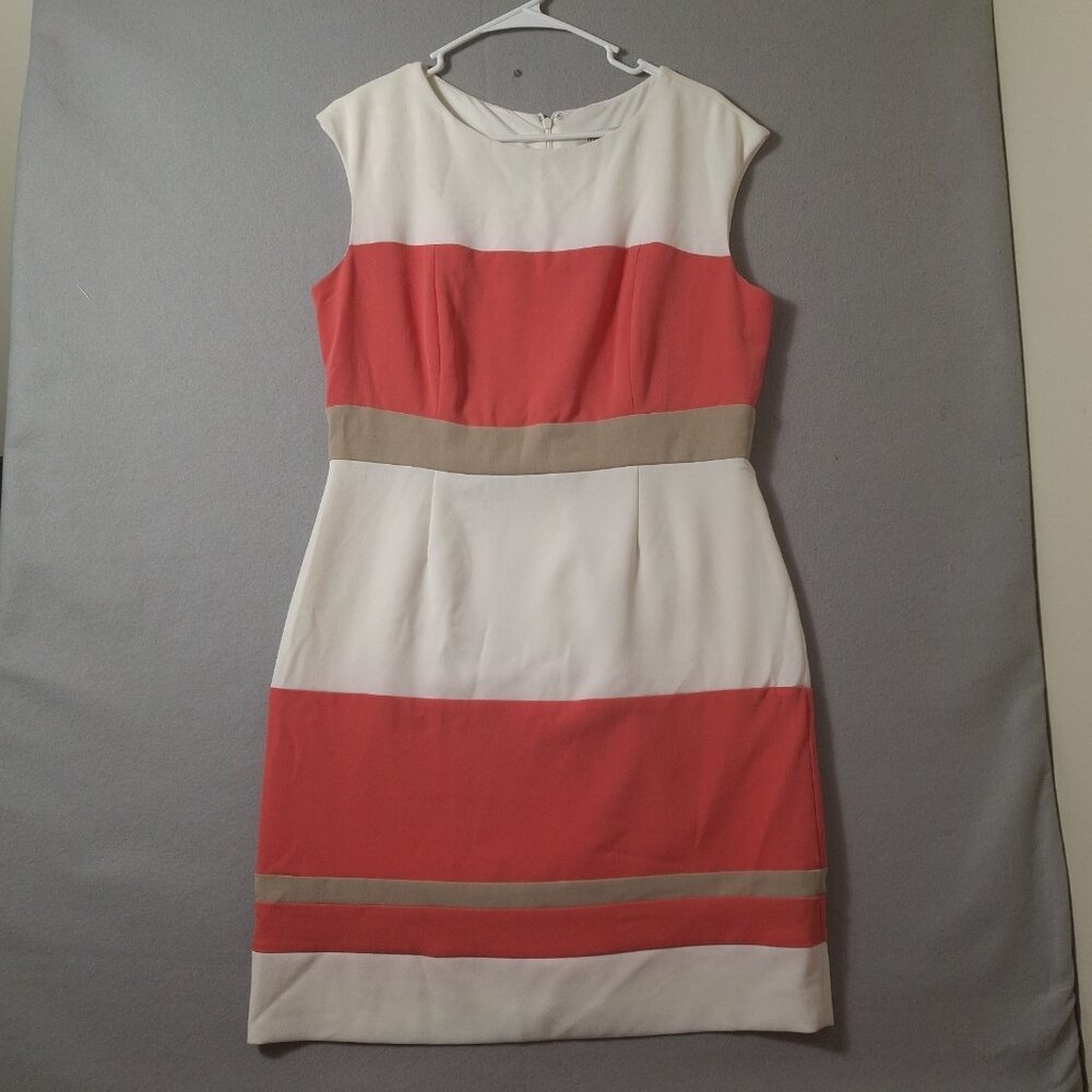 Dressbarn Dress Women Beige Striped Sheath Midi Sleeveless Casual
